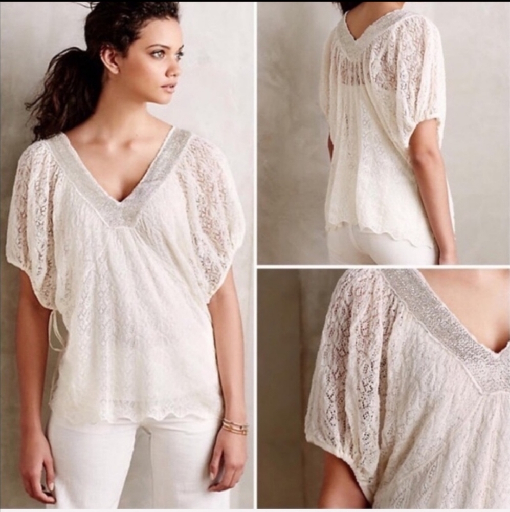 (Anthropologie) Knitted Beaded Cream Boho Top Med
